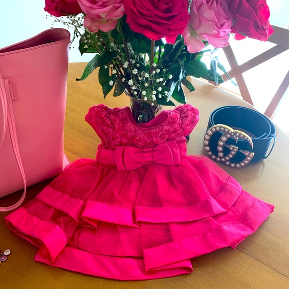 SOLD! β Baby Girl Infant Size 6 months Dress Pink Rosette π΅ Tulle Bow Dress! - Picture 1 of 9
